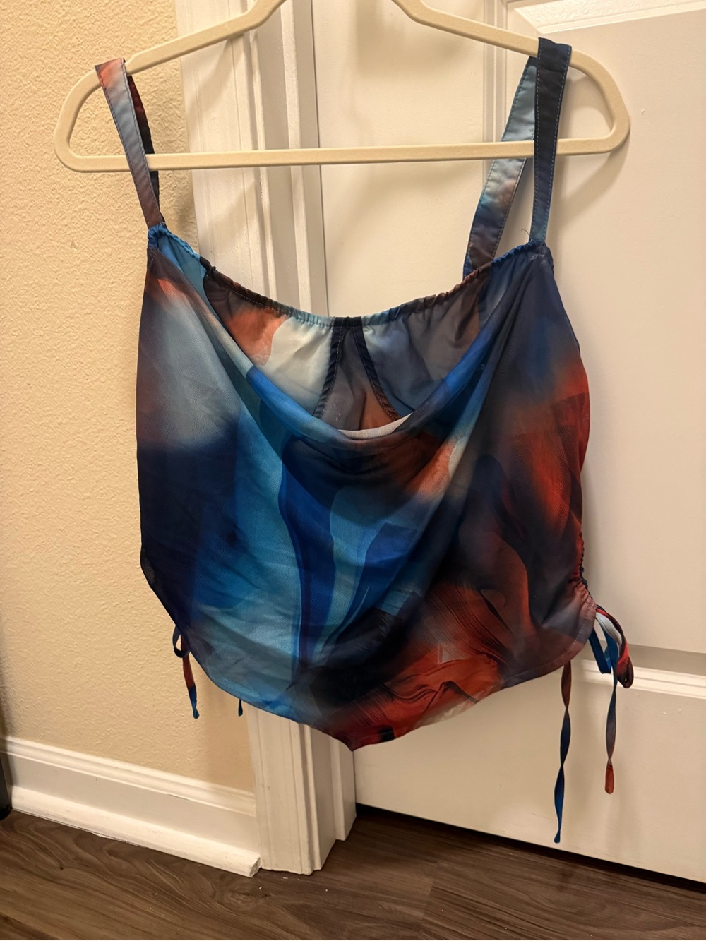 Women’s Blue & Red Silk Cowl Neck Going out tank.